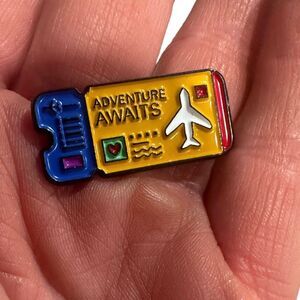 LET THE HAPPINESS BEGIN “Adventure Awaits” Airplane Ticket Enamel Pin